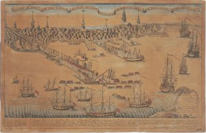 Una vista de parte de la ciudad de Boston en Nueva Inglaterra y de los barcos de guerra británicos desembarcando sus tropas.