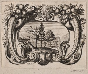 Emblema con un jardinero y un amorino plantando un árbol de Christian Rothgiesser