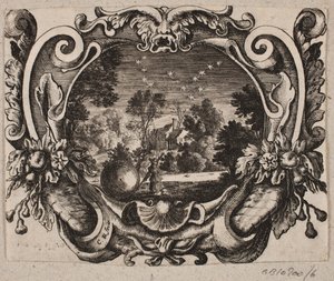 Emblema con hombre rodando una bola por la noche