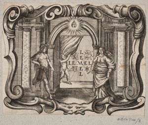 Emblema con portal, hombre y mujer, amorino y dos corazones ardientes de Christian Rothgiesser