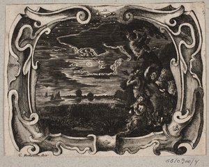 Emblema con sátiros reunidos junto a un árbol de noche