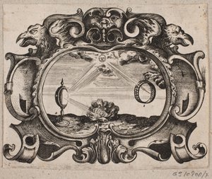 Emblema con sol, brillando a través de un anillo y una lupa, encendiendo una hoguera de Christian Rothgiesser