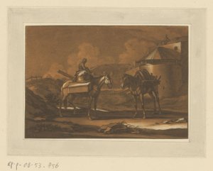 Dos caballos llenos fuera de la muralla de la ciudad, sentados en uno de los niños Jinetes, caballos y batallas (título de la serie)