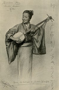 Mujer tocando el shamisen, Cascadas Mentaki, Kobe, Japón, 1898