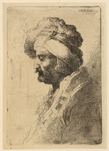 Retrato de busto de un hombre con tocado, de perfil hacia la izquierda de Christian Wilhelm Ernst Dietrich
