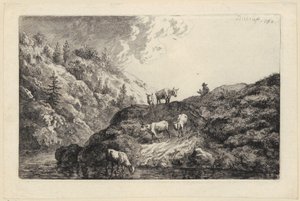 Un rebaño de animales junto al río [Bueyes conducidos al abrevadero] de Christian Wilhelm Ernst Dietrich