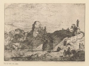 Paisaje con las ruinas de una puerta junto a un puente en ruinas de Christian Wilhelm Ernst Dietrich
