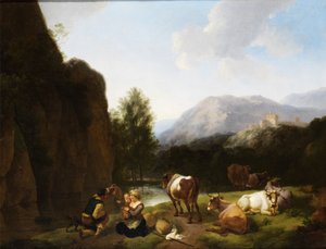 Familia descansando junto a vacas junto a un río de Christian Wilhelm Ernst Dietrich