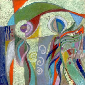 Anunciación, c. 1999 (lápiz de color, gouache y pan de oro sobre pizarra) de Christina Saj