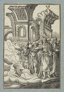 Moisés parte el agua con su bastón de Christoffel van Sichem (II)