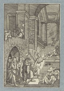 Pedro y los otros apóstoles son liberados de la prisión por un ángel de Christoffel van Sichem (II)