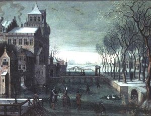 Un paisaje invernal con figuras patinando junto a un castillo con foso de Christoffel van den (circle of) Berghe