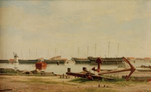 Vista de Nyholm con grúa y buques de guerra de Christoffer Wilhelm Eckersberg