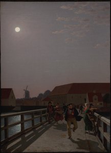 Langebro, Copenhague, a la luz de la luna con figuras corriendo