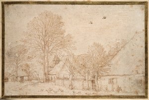 Edificios con techo de paja, árboles casi desnudos y una bandada de gansos de Kosma Sergejewitsch Petrow Wodkin