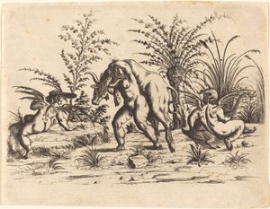 Tres putti con un toro muerto de Christoph Jamnitzer