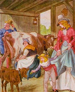 Besuch Im Kuhstall / Visita al establo (litografía en color) de Christophe (1856 1945)