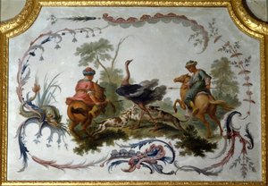 Panel de caza de avestruces del gran salón del castillo de campos sobre marl. Decoración mural pintada por Christophe Huet de Christophe Huet