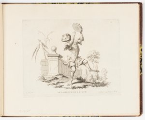 Placa 10, Le Tambour de Basque (El Tamboril), Singeries ou différentes actions de la vie humaine représentées par des singes (Payasadas de monos o diferentes acciones de la vida humana representadas por monos) de Christophe Huet