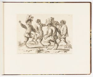 Placa 12, Le Branle (El Branle), Singeries ou différentes actions de la vie humaine représentées par des singes (Payasadas de monos o diferentes acciones de la vida humana representadas por monos) de Christophe Huet