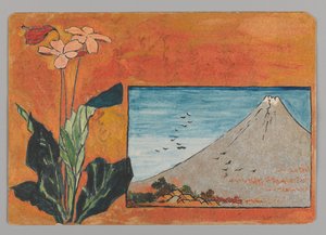 Tarjeta pequeña con el Monte Fuji y flores