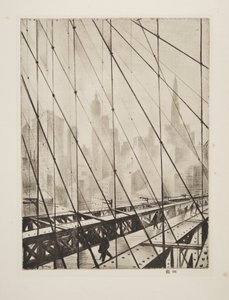 Mirando a través del puente de Brooklyn, pub.1921 (aguafuerte) de Christopher Richard Wynne Nevinson