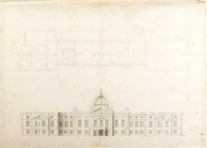 Palacio de Hampton Court, plano parcial y elevación de boceto para una fachada de entrada, probablemente para el segundo esquema, numerado 5 y 6 de Christopher Wren