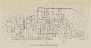 Plano de Sir Christopher Wren para la reconstrucción de la zona incendiada superpuesto a las calles existentes (litografía)