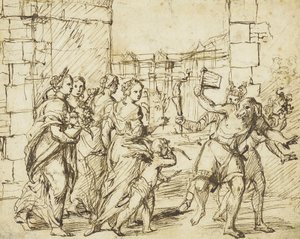 La fiesta de los Lupercales en Roma: Cupido y las personificaciones de la fertilidad se encuentran con los Luperci vestidos de perros y cabras de Circle of Adam Elsheimer