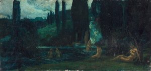 Mujeres bañándose al atardecer en un paisaje del sur de Circle of Arnold Böcklin