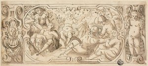 Diseño de friso decorativo con José interpretando el sueño a sus hermanos de Circle of Giovanni Battista Castello