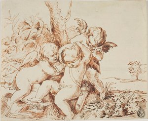 Dos Putti vendan los ojos a un tercero de Circle of Guido Reni