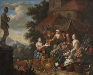 Venta de verduras y flores en un puesto del mercado italiano. de Circle of Norbert van Bloemen
