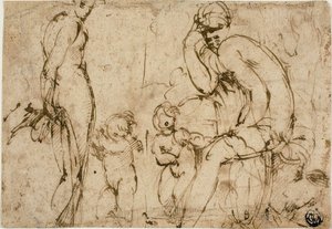 Venus y Marte con Putti (anverso); Hombre barbudo moviéndose hacia la derecha (reverso) de Circle of Parmigianino