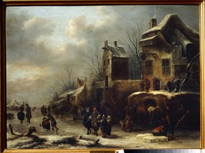 Pista de patinaje sobre un río. Pintura de Claes Molenaer (Klaes Molenaer de Claes  Molenaer
