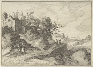 Capilla en una sinuosa carretera rural
Paisajes holandeses (título de la serie)
Amaeniores Aliquot Regiunculae (título de la serie en el objeto) de Claes Jansz. Visscher (II)
