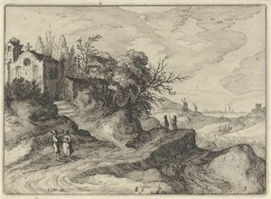 Capilla en una sinuosa carretera rural
Paisajes holandeses (título de la serie)
Amaeniores Aliquot Regiunculae (título de la serie en el objeto) de Claes Jansz. Visscher (II)
