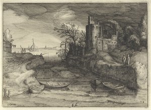 Paisaje con balandros
Paisajes holandeses (título de la serie)
Amaeniores Aliquot Regiunculae (título de la serie en el objeto) de Claes Jansz. Visscher (II)