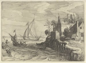 Barcos cerca de la costa
Paisajes holandeses (título de la serie)
Amaeniores Aliquot Regiunculae (título de la serie en el objeto) de Claes Jansz. Visscher (II)