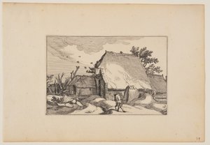 Una granja, hombre con dos cubos en el camino de enfrente, de Paisajes (Verscheyden aerdige Lanthuysen...)