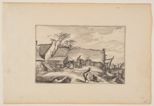 Una granja, un hombre con una cesta en primer plano, de Paisajes (Verscheyden aerdige Lanthuysen...) de Claes Jansz. Visscher