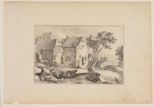 Un corral, pastor descansando en primer plano, de Paisajes (Verscheyden aerdige Lanthuysen...) de Claes Jansz. Visscher