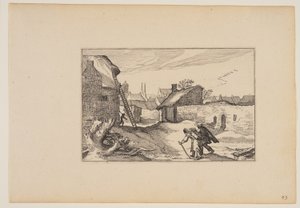 Un pueblo, escalera apoyada en la casa de la izquierda, de Paisajes (Verscheyden aerdige Lanthuysen...) de Claes Jansz. Visscher