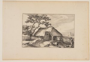 Granero, Rebaño descansando sobre su vara en primer plano a la derecha, de Paisajes (Verscheyden aerdige Lanthuysen...) de Claes Jansz. Visscher