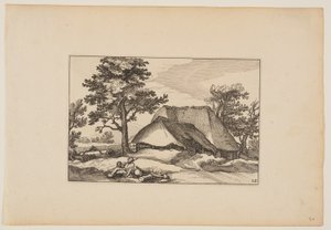 Graneros, rebaño descansando y perro en primer plano, de Paisajes (Verscheyden aerdige Lanthuysen...) de Claes Jansz. Visscher