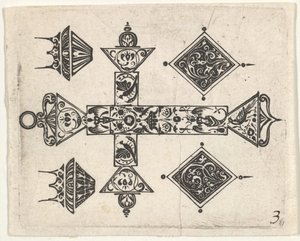 Estampa de Blackwork con una cruz latina y cuatro motivos de Claes Jansz Visscher