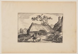 Granja con cobertizo para un carro, hombre con perro ladrador, de Paisajes de Claes Jansz. Visscher