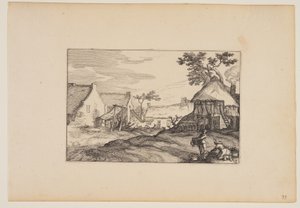 Joven de granja y mujer en primer plano, de Paisajes (Verscheyden aerdige Lanthuysen...) de Claes Jansz. Visscher