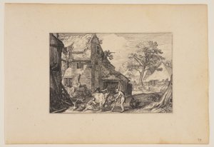 Corral, con el hijo pródigo entre los cerdos, de Paisajes (Verscheyden aerdige Lanthuysen...) de Claes Jansz. Visscher