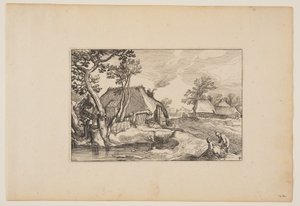 Anciano y mujer descansando junto a un estanque, de Paisajes (Verscheyden aerdige Lanthuysen...) de Claes Jansz. Visscher